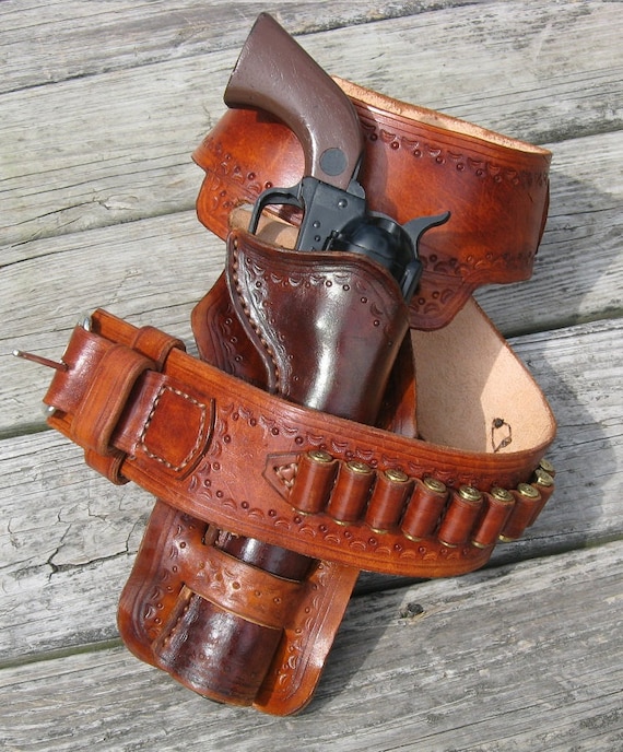 Western Gun Belt and Double Loop Holster by RedWolfCustomLeather