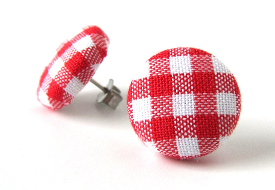 Red gingham earrings - tartan stud earrings - red button earrings - check fabric earrings - plaid post earrings white spring