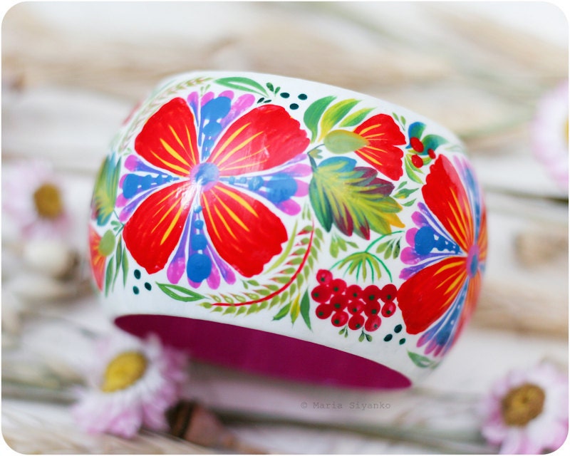 Flower Rainbow bracelet - various sizes. Hand Painted Jewelry. Flowers Bangle Bracelet. Floral fashion. Bright colors. Wide wood bracelet