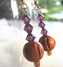 Swarovski Crystal Earrings Amethyst Crystals and Walnut Bead SALE