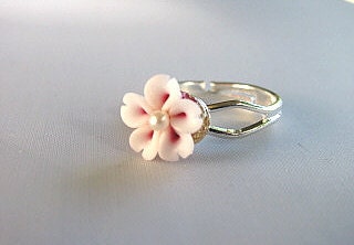 Resin Flower Ring Adjustable- Pink and White Flower, Silver Ring, Handmade Jewelry