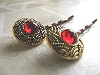 Handmade Bobby Pins, Gold Knot Buttons, Red Glass, Gifts Under 10 Dollars
