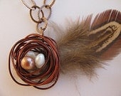 Bird Nest Necklace with Feather, Copper Chain