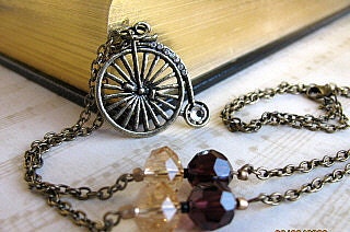 Penny Farthing Bicycle Necklace Antique Bronze with Faceted Amethyst and Champagne Crystals