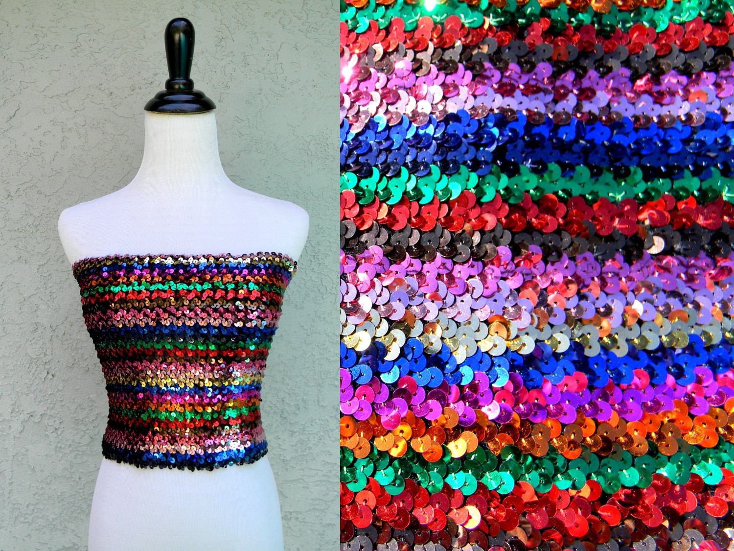 Disco Ball Diva 2 - Vintage 70s/80s Rainbow Striped Glitter Ball Sparkle Sequin Tube Top/Shirt/Blouse