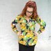 Rainbow Op Art Daisy Darling - Vintage 70s Blouse/Shirt/Top w/ Bright Orange/Yellow/Green/Navy Blue Flower Power Fabric - Plus Size Diva