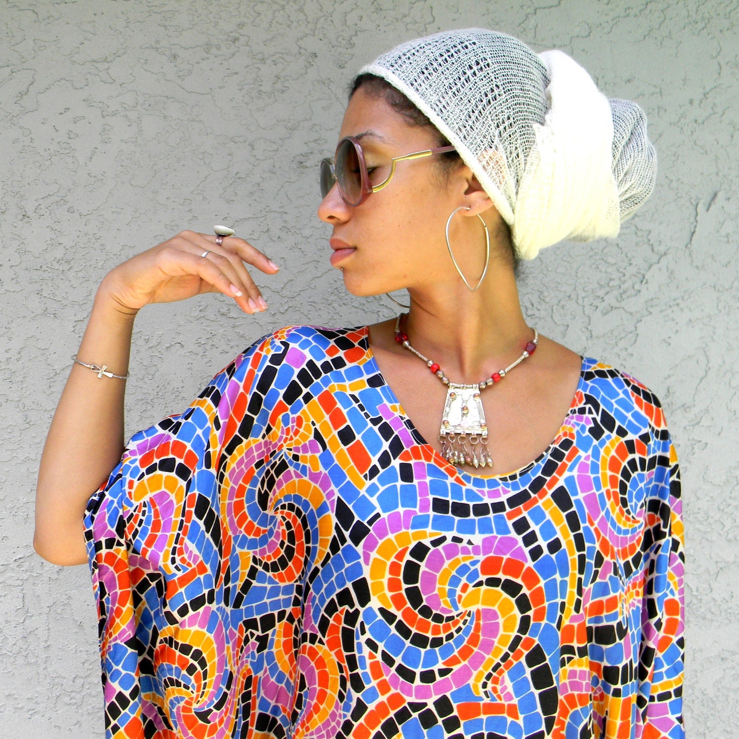 Rainbow Drama Queen - Vintage 70s Purple/Blue/Orange/Yellow/Black/White FLOWER POWER Maxi Cocoon Dress w/ huge batwing/angel wing sleeves