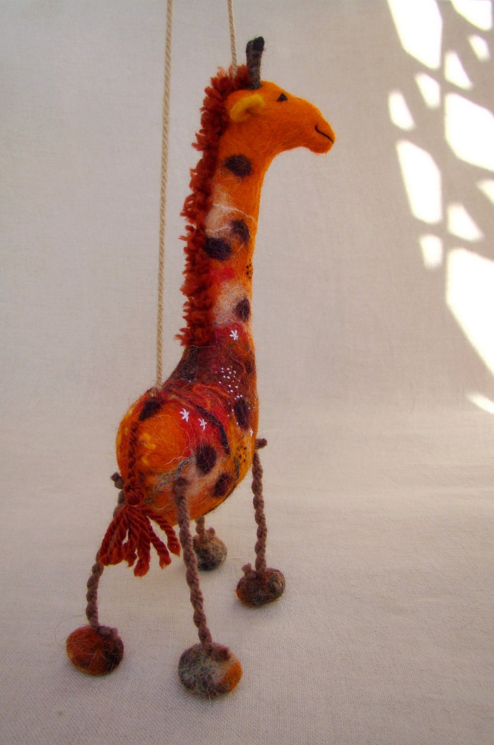 Masamba - Felt Giraffe. Art Animal Marionette, Handmade Puppet, Felted Animals, Stuffed Toy. orange brown yellow.  MADE TO ORDER