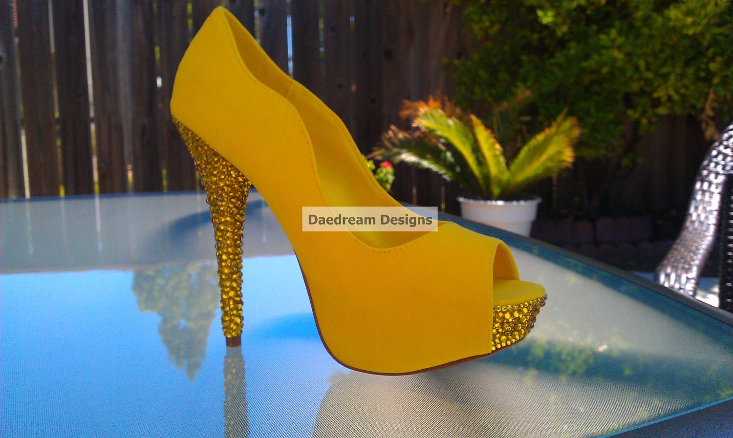 Yellow Peep Toe Bling Pump