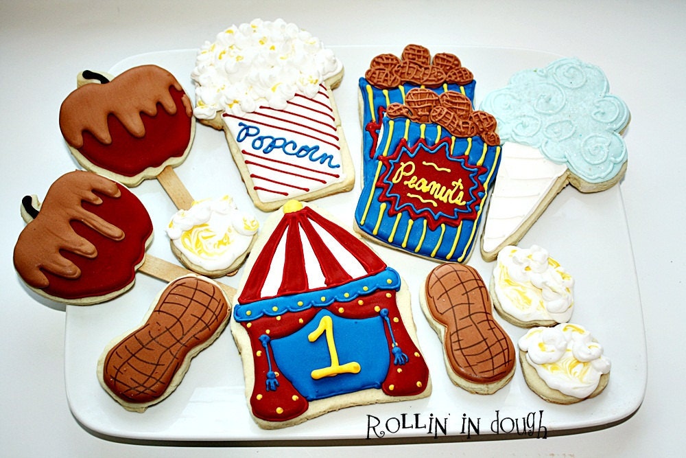 Circus Cookies, Carnival Cookies, Circus Tent, Peanuts, Popcorn, Candy Apple, Cotton Candy - 1 Dozen