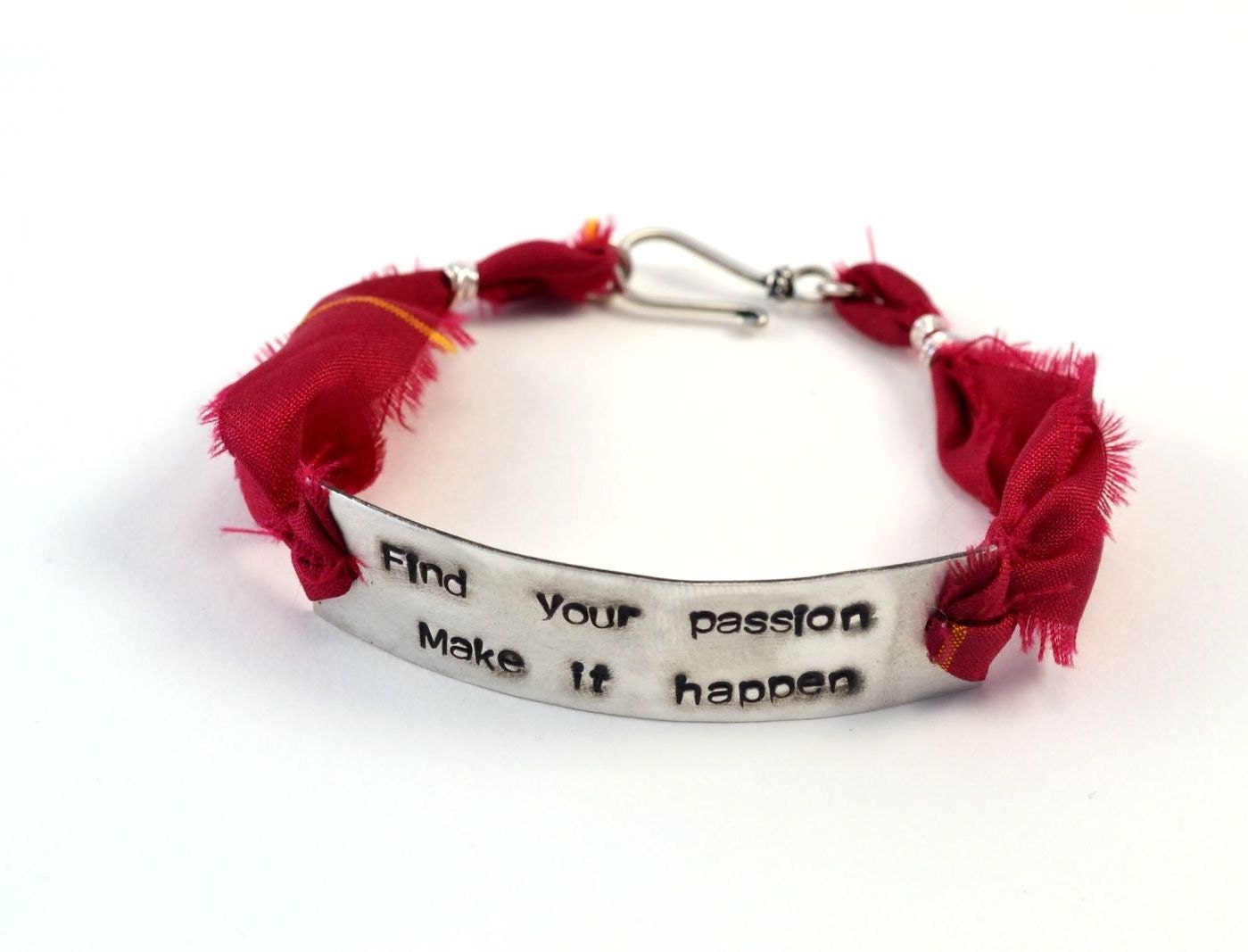 Custom Stamped Bracelet, Sterling Silver and Sari Silk, Message or Quote