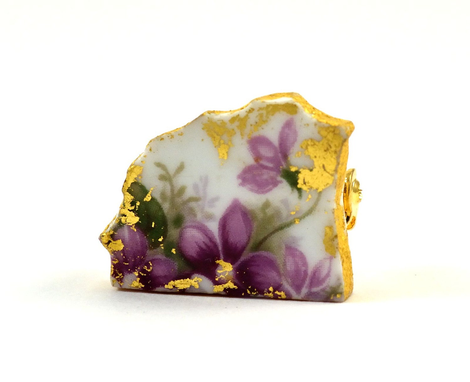 Broken China Brooch, Purple flowers, One of a Kind, English Bone China