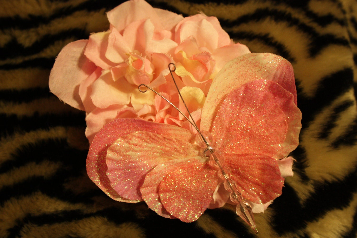 Pink Pinup Burlesque Small Roses with Pink Sparkle Butterfly Hair clip