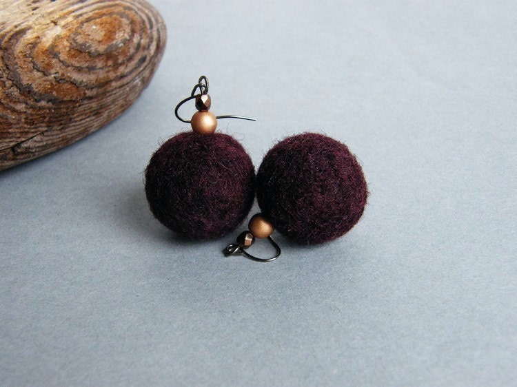BUY 2 GET 1 FREE    Rosewood Felted Earrings Maroon Felted Earrings Merino Wool Felted Balls Handmade Felt Jewelry Autumn trends
