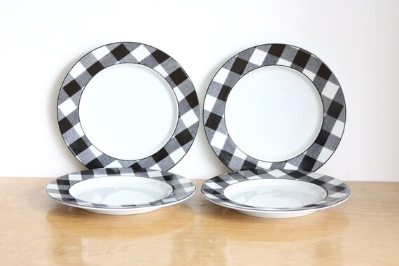 Set of 4 Vintage Porcelain Gingham Check Plates by estateeclectic