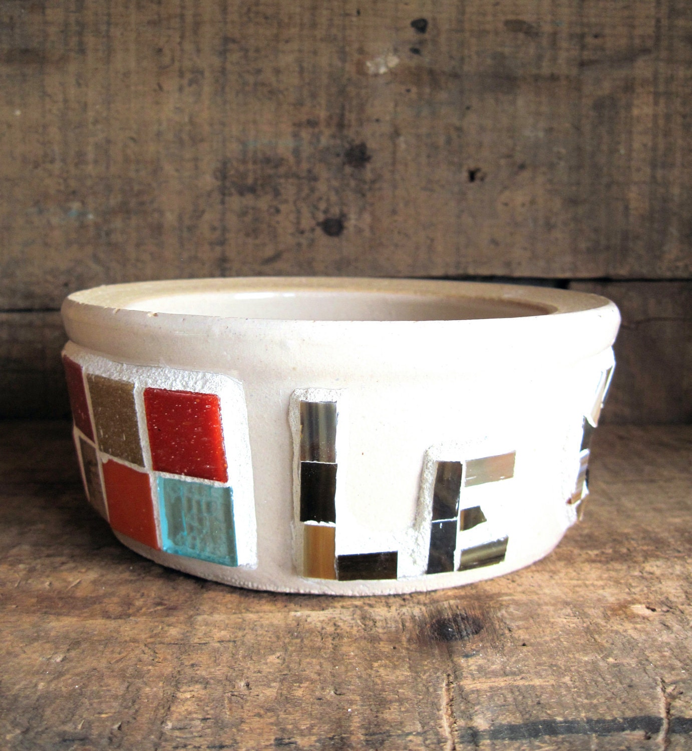 Vintage Upcycled Mosaic Stoneware Cat Bowl - Le Chat