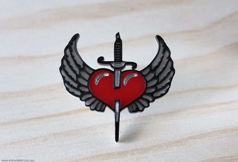 Tattoo Across My Heart / Heart Dagger Wings Brooch Acrylic