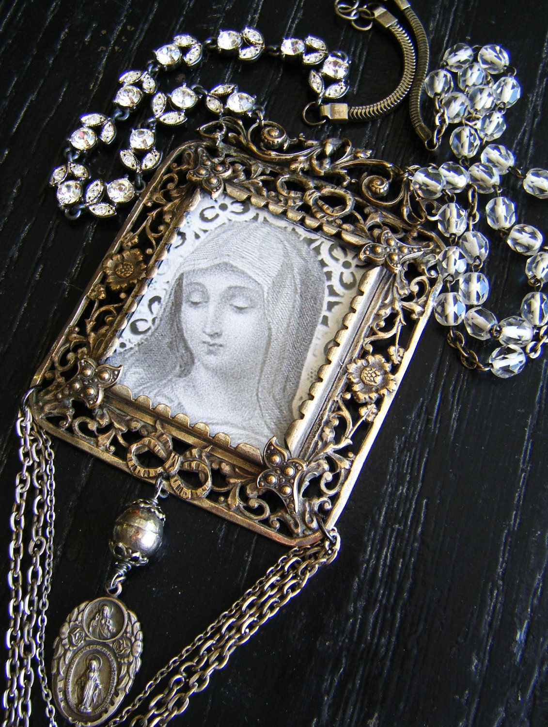 Antique religious necklace paste rhinestones silver filigree framed under glass Madonna crystal beads one of a kind assemblage