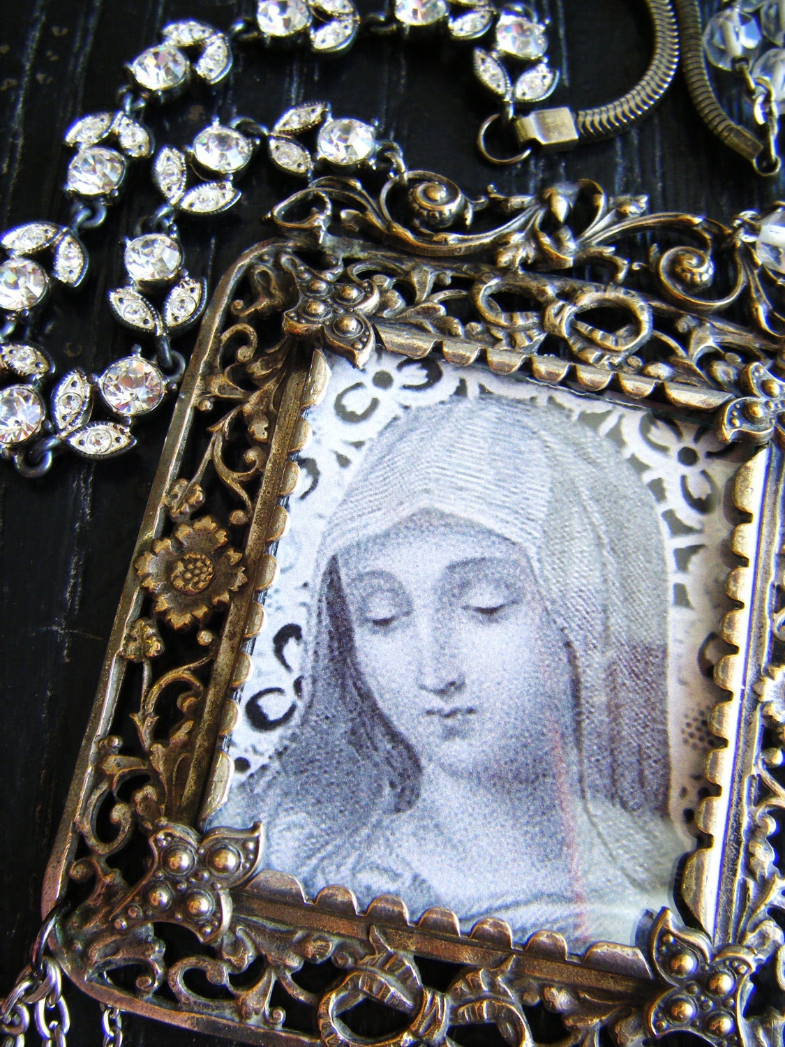 Antique religious necklace paste rhinestones silver filigree framed under glass Madonna crystal beads one of a kind assemblage