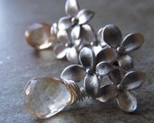 Peach quartz earrings, dangle, rhodium plated 3 flower, post, wedding, bridal, bridesmaid gift