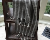 Woven Merino Scarf in Rich Chocolate Brown and Taupe with White Stripes and  Twisted Fringe