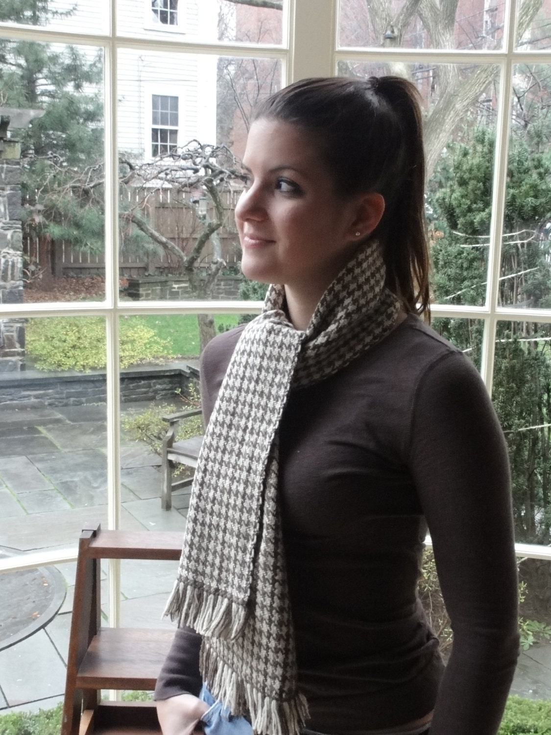 Woven Merino Scarf in Natural Taupe, Rich Chocolate Brown and White Wool with Knotted Fringe