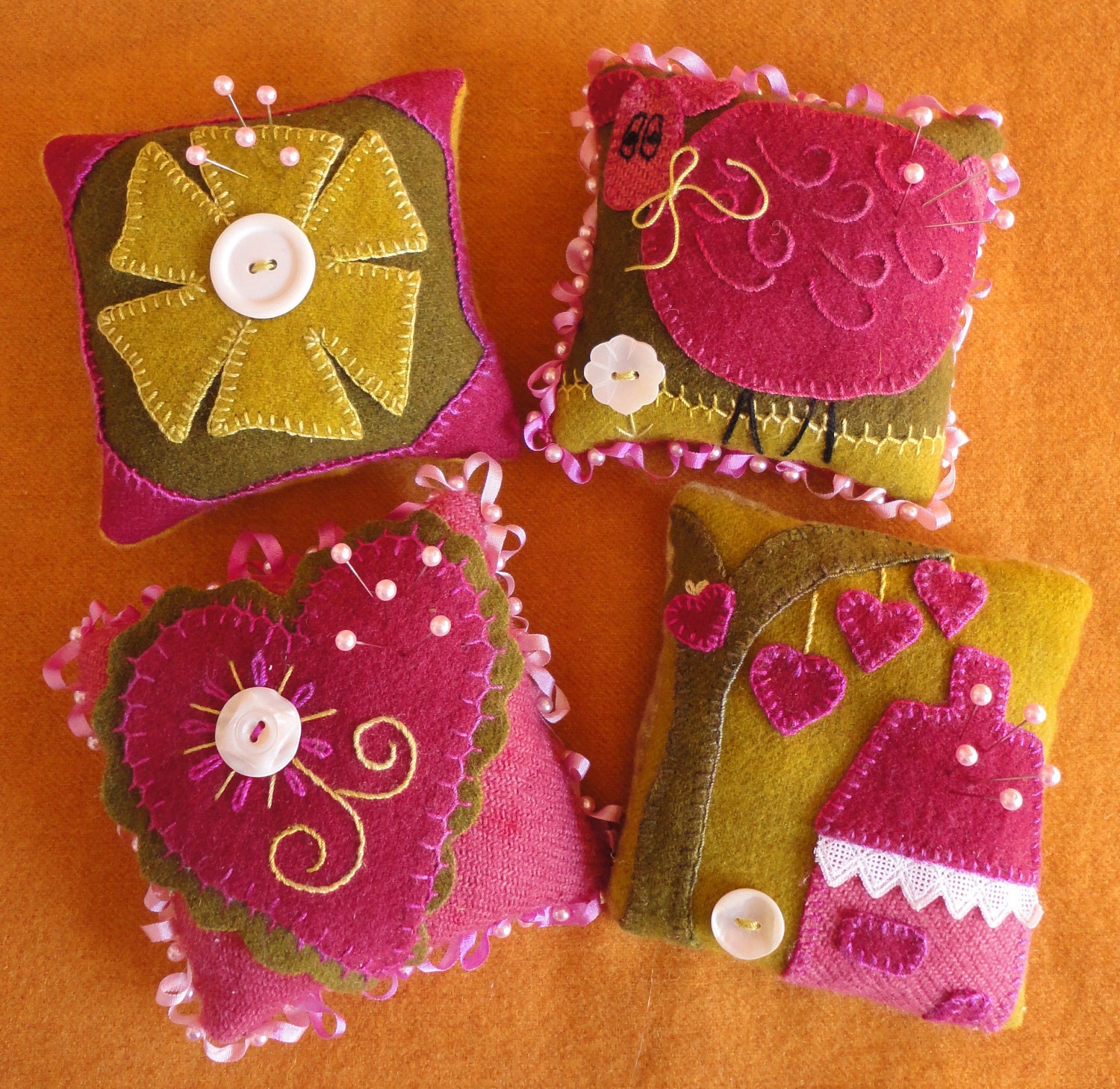 Buttons & Lace, A Pattern for 4 Wool Embroidery Pincushions