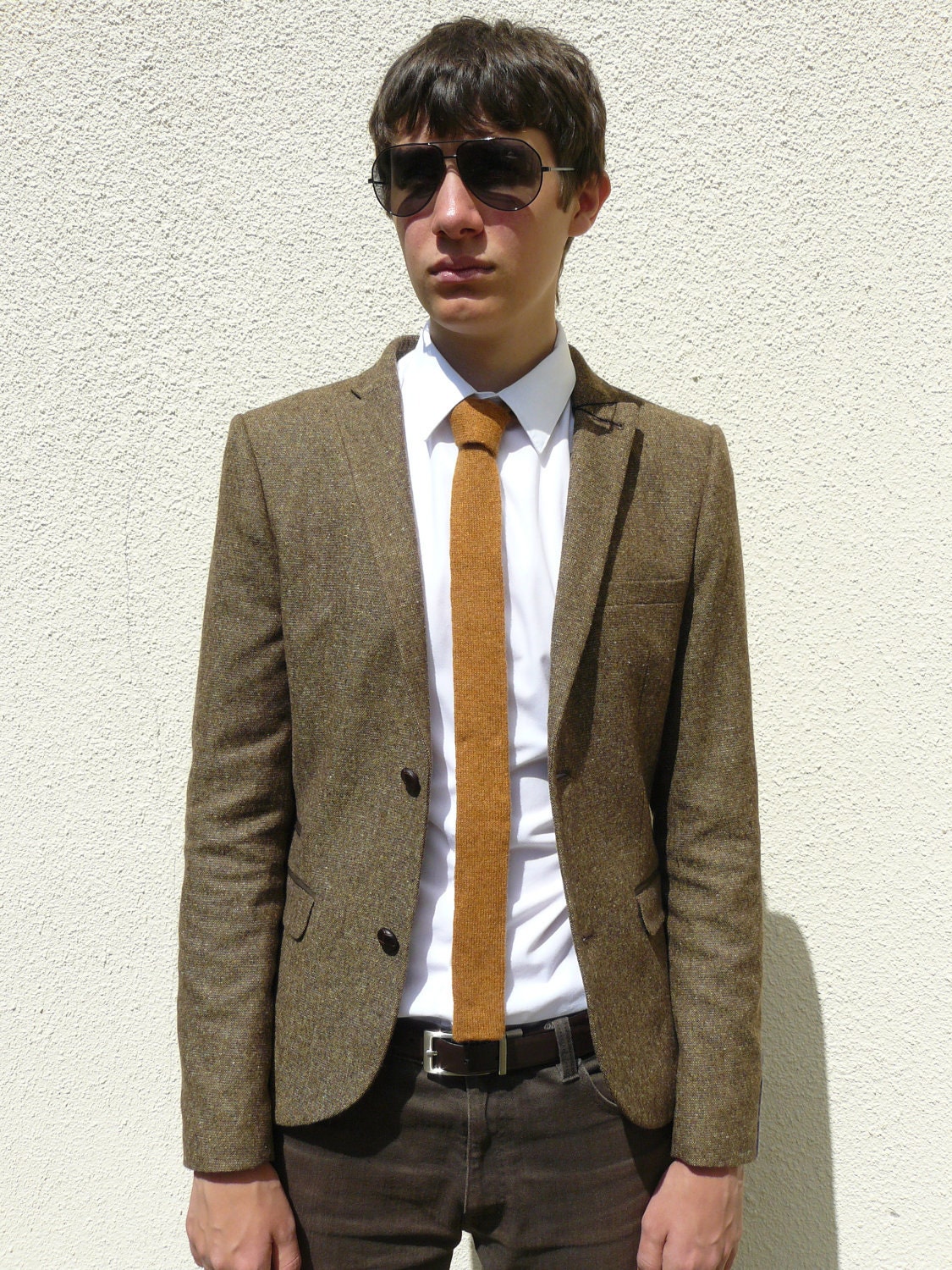 Skinny Knitted Tie in Golden Mustard Brown Lambswool - MADE TO ORDER