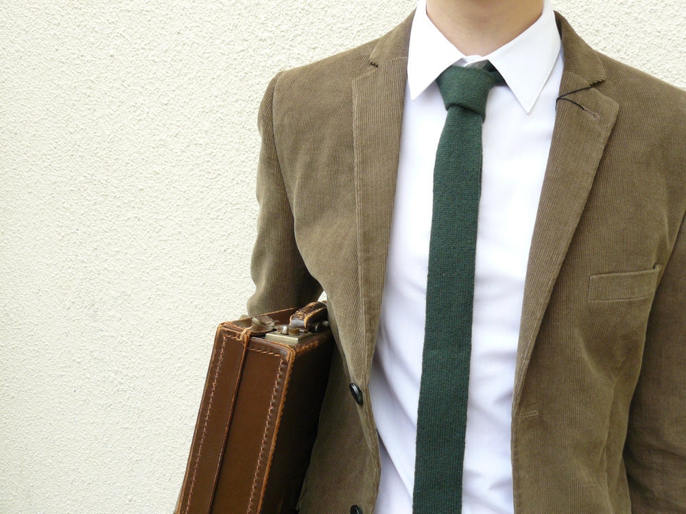 Mens Neckwear Forest Green Skinny Wool Necktie Flat Bottom Knit in Lambswool Gift for Men Dad Boss Under 50 MADE TO ORDER