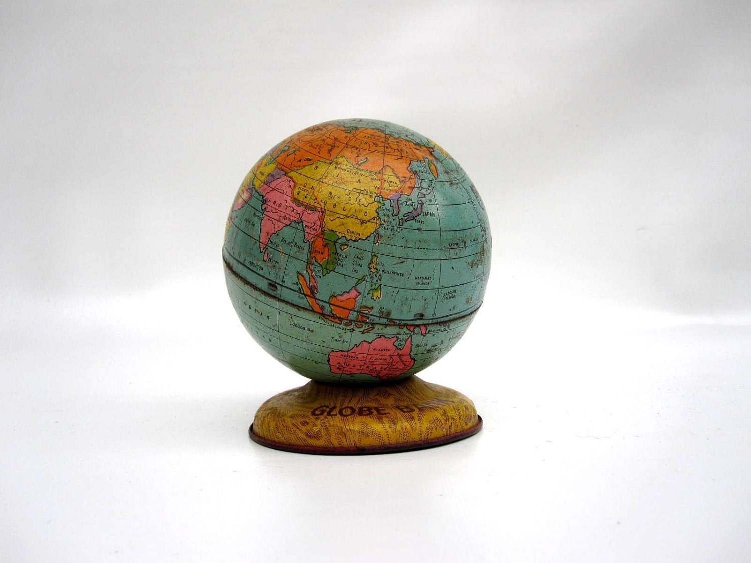 Globe Bank - World Coin Bank - Aqua Blue Green Teal - Circa 1930s 1940s by J. Chein & Co.