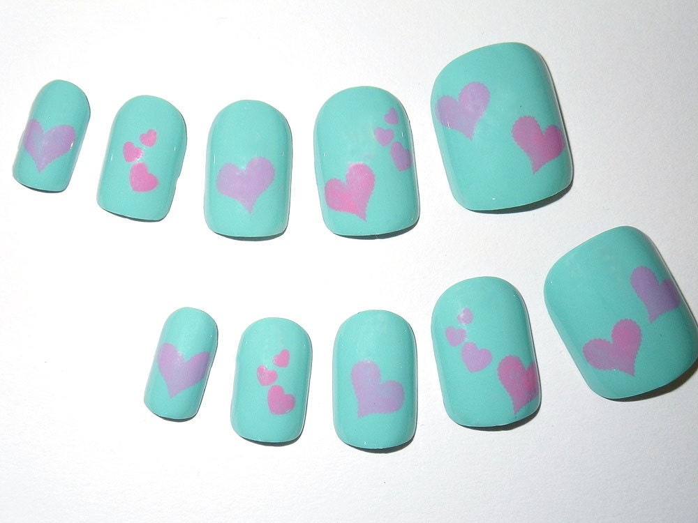Glue On Nails Cotton Candy Hearts 1950's Kitsch