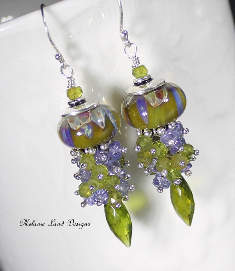 LAVENDER GRASS --Artisan Lampwork, Tanzanite, Vessonite,Solid Sterling Silver Earrings