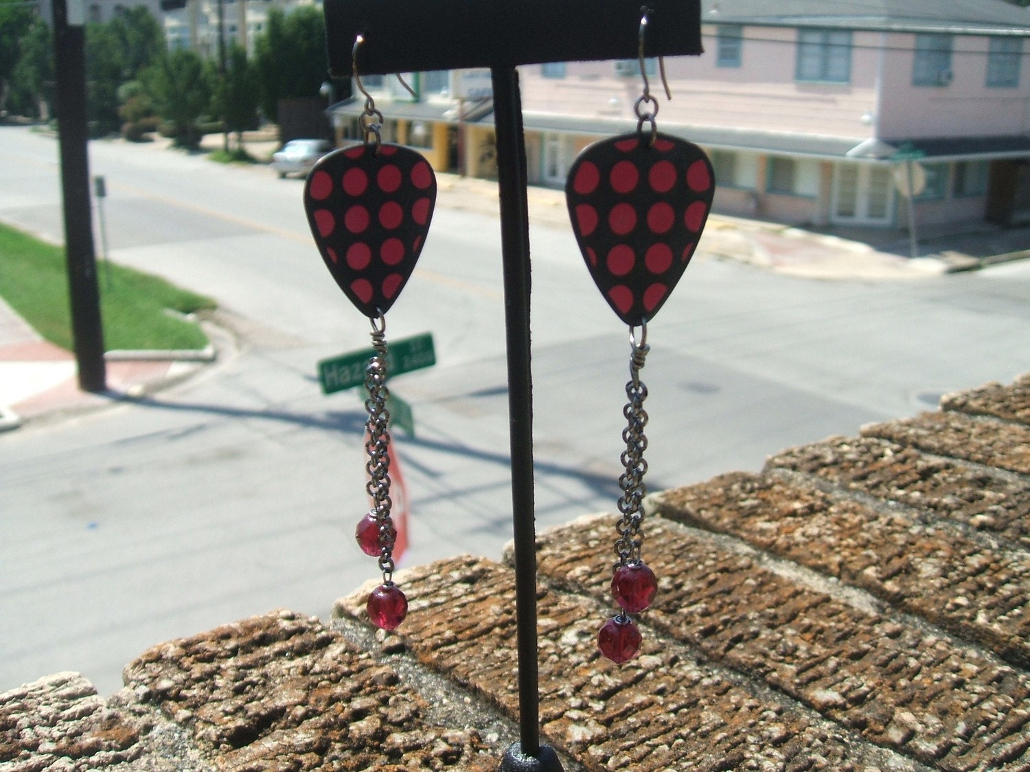 Rasberry dots guitar pick earrings