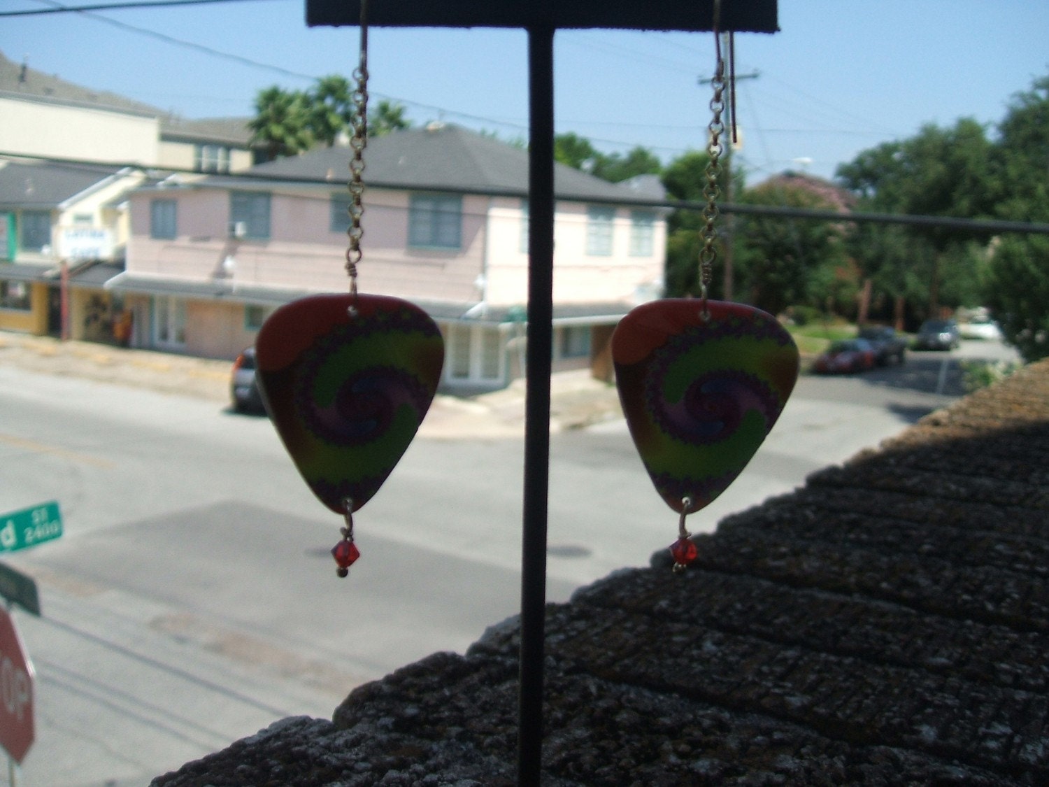 Psychedelic guitar pick earrings