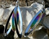 Niobium peacock color feather  handmade earrings Silver jewelry multi color