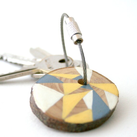 SUMMER SALE 20% OFF - Geometric triangles pine wood hand painted keychain with stainles steel cable wire