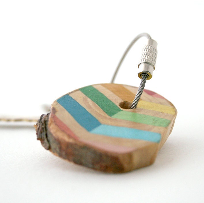 SUMMER SALE 20% OFF - Chevron rainbow colour keychain with warm brown pine wood and stainless steel cord