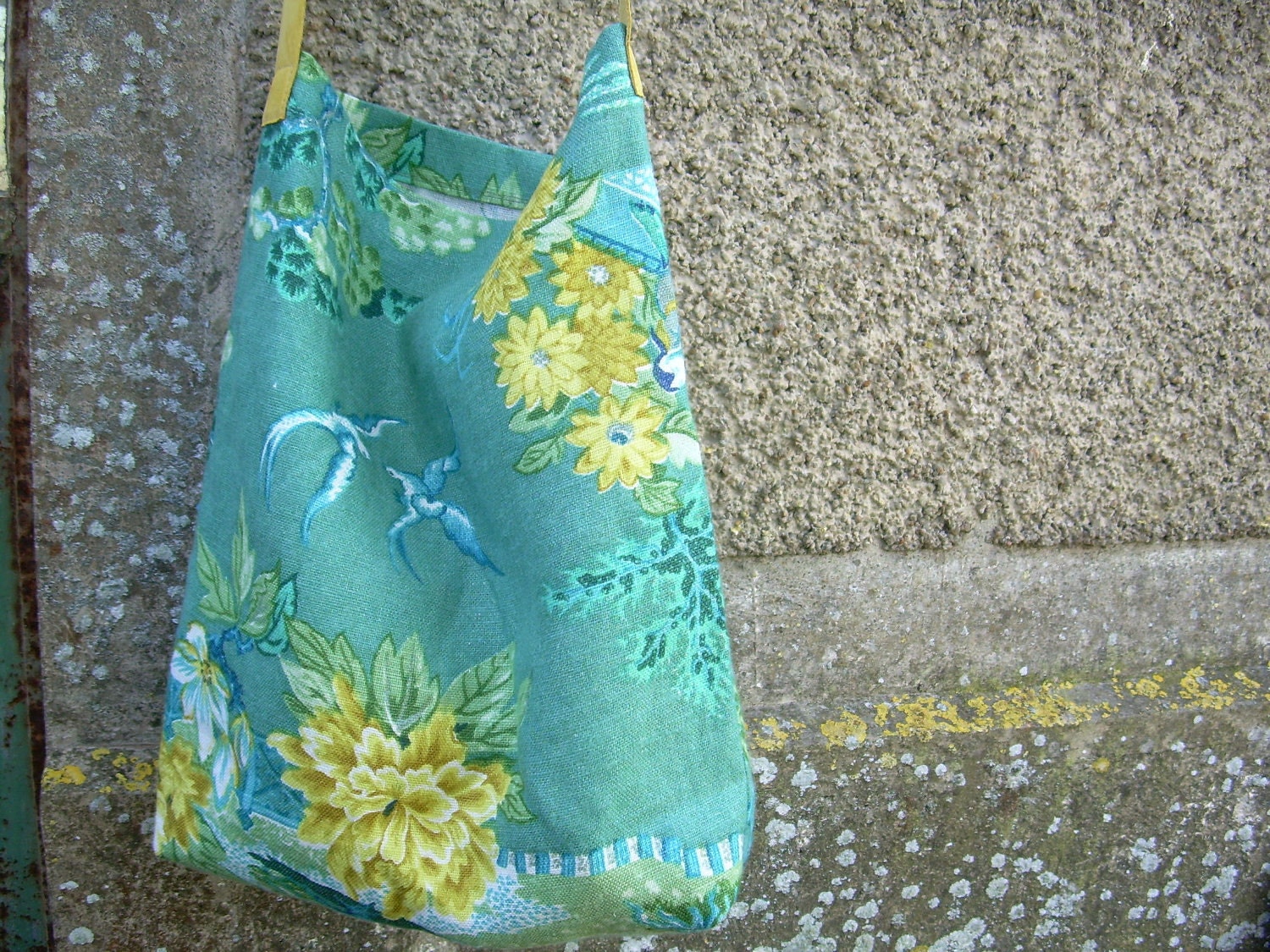 linen fabric bag, hand made, leather strap, tote, turqoise, pagoda