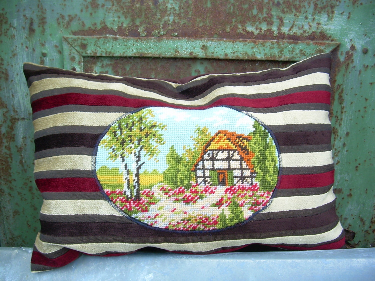 needlepoint Pillow, vintage upcycled hand made tapestry german landscape on new upholster velvet strip fabric, France