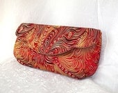 Scalloped Clutch - Red Peacock Feathers Brocade Luxury with Silk Lining