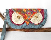 Owl Clutch Bag- New and Vintage Silk with Contrast Quilting and Wrist Strap - MADE TO ORDER