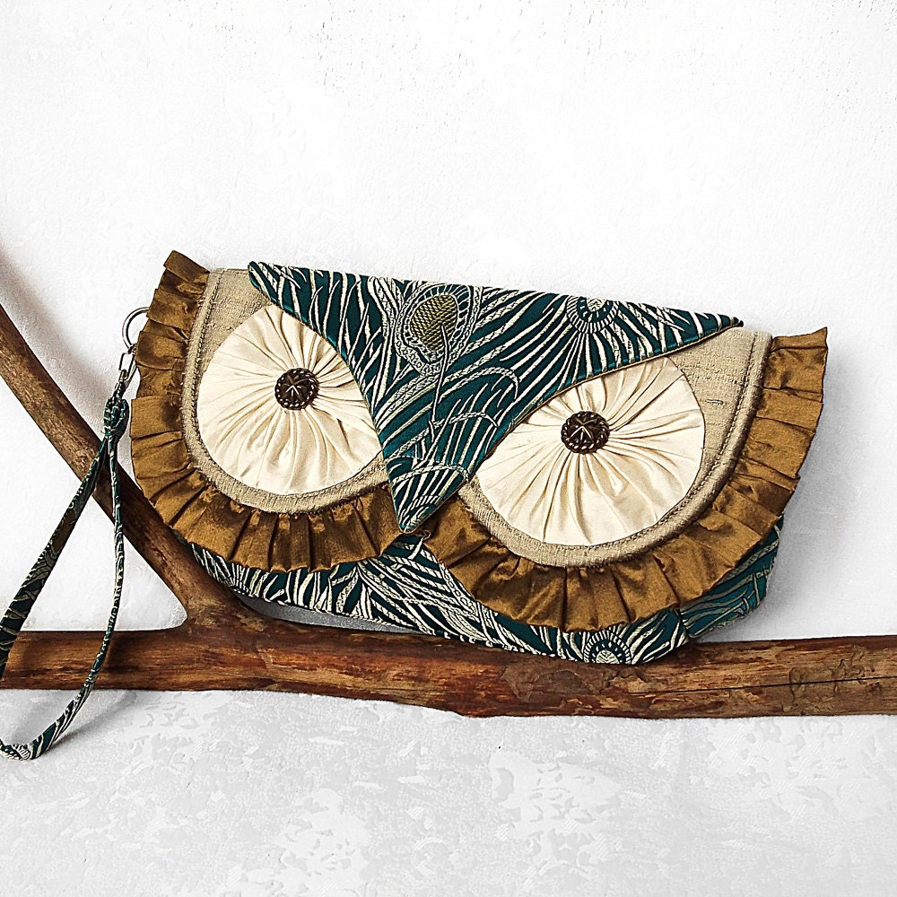 Silk Owl Clutch Wristlet - Peacock Feathers Brocade and Silk Dupioni - MADE TO ORDER