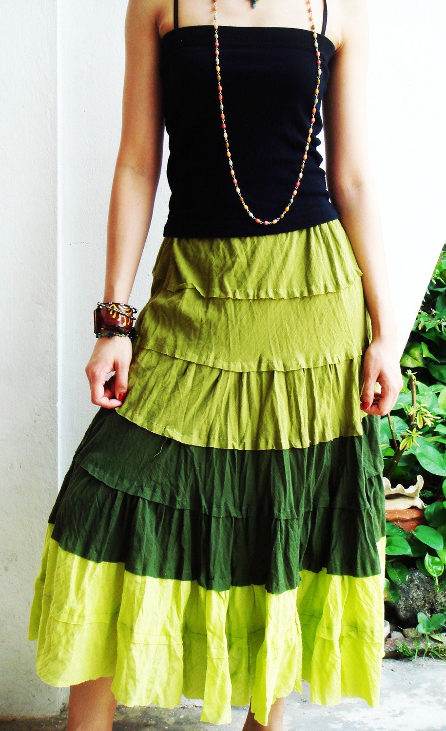 Wavy Summer Spring Sexy Green Cotton Skirt, green skirt