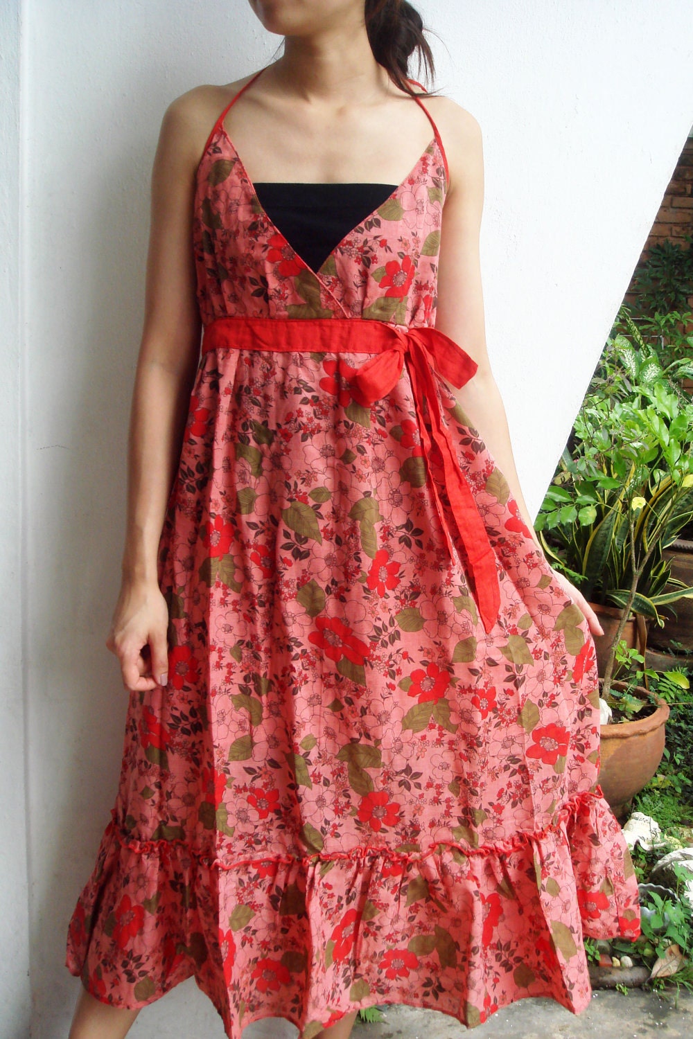 D8, Queen Elizabeth, Garden, Floral, Summer, Maxi, Red Cotton Dress