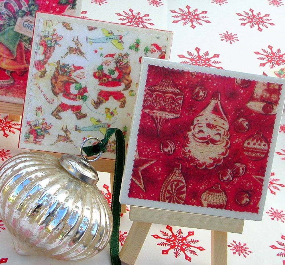 Retro Christmas Wrapping Paper Coasters Holiday Decor Vintage Chirstmas Red and White