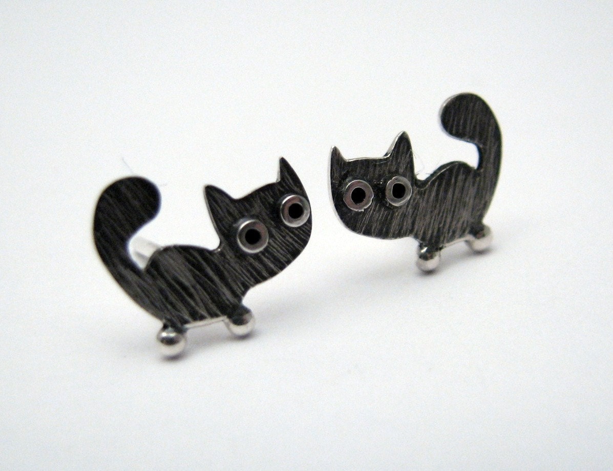 Kitty CAT Stud Earrings Sterling Silver Oxidized Black Mini Zoo series