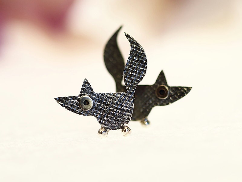 FOX Sterling Silver Oxidized Black Stud Earrings Mini Zoo series