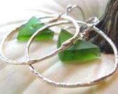 Wine bottle hoop earrings - Recycled green glass - SUMMER DOGWOOD in GREEN