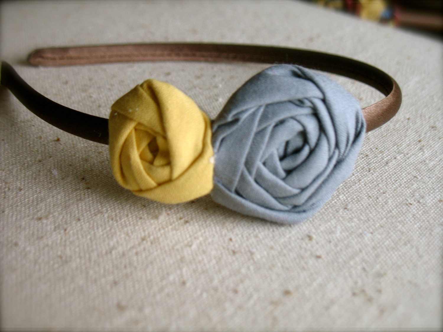 Mustard and Gray fabric flower headband hair clip