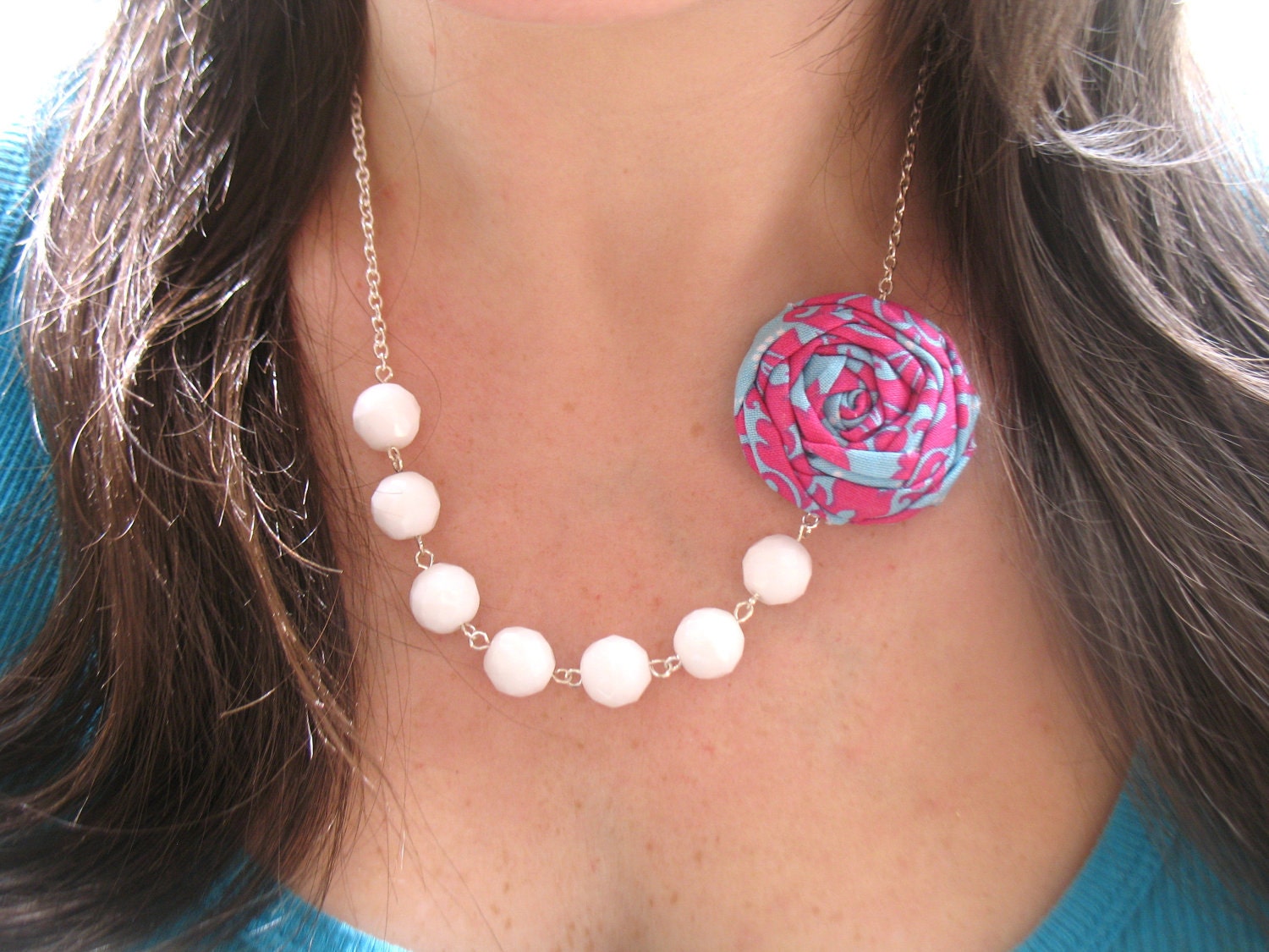 Raspberry Sorbet fabric flower necklace beaded rosette